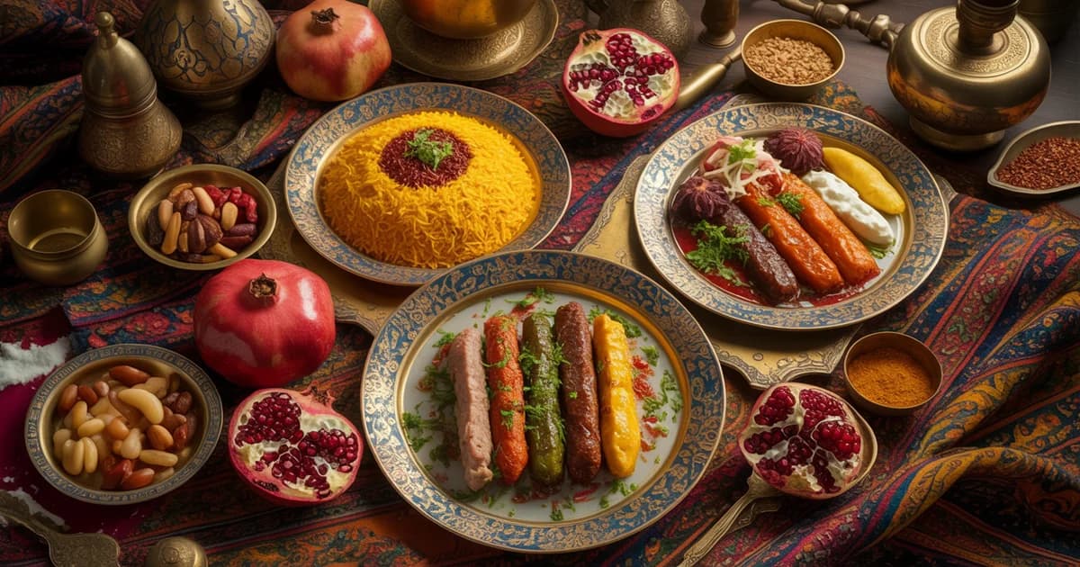 Ancient Roots Persian Cuisine 2500 Year Journey House OF Legends Encino Blog Feature Image Elegant spread of traditional Persian dishes including golden saffron rice with tahdig, colorful kebabs, pomegranates, and spices in ornate bowls showcasing 2,500 years of culinary heritage