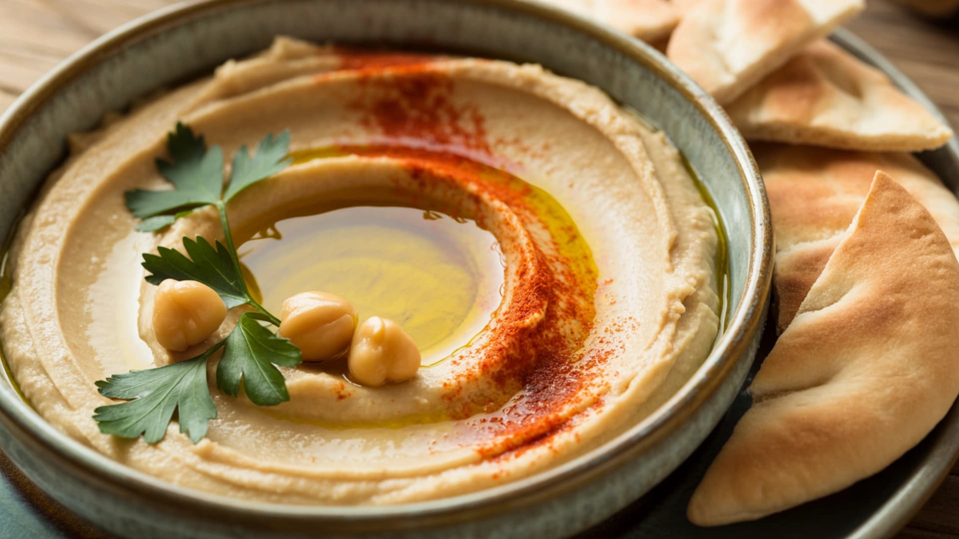 Authentic Hummus Recipe Blog Feature Image Creamy smooth hummus in rustic bowl with golden olive oil, paprika, and fresh parsley served with warm pita at House of Legends Restaurant