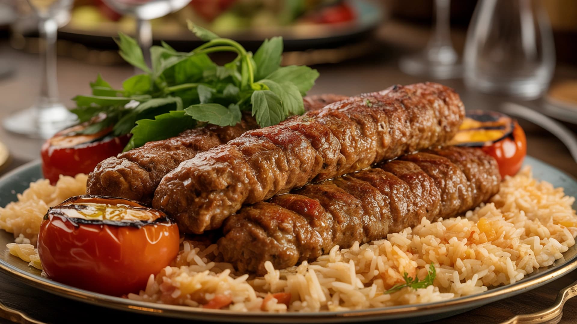 Authentic Persian Koobideh Recipe Blog Feature Image Golden-brown grilled Persian koobideh kebabs with char marks served on saffron rice with grilled tomatoes at House of Legends Restaurant