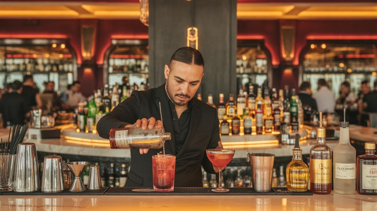 Behind The Bar 16x9 Blog Feature Image Professional bartender crafting artisan cocktails at elegant Mediterranean restaurant bar with warm lighting at House of Legends Encino