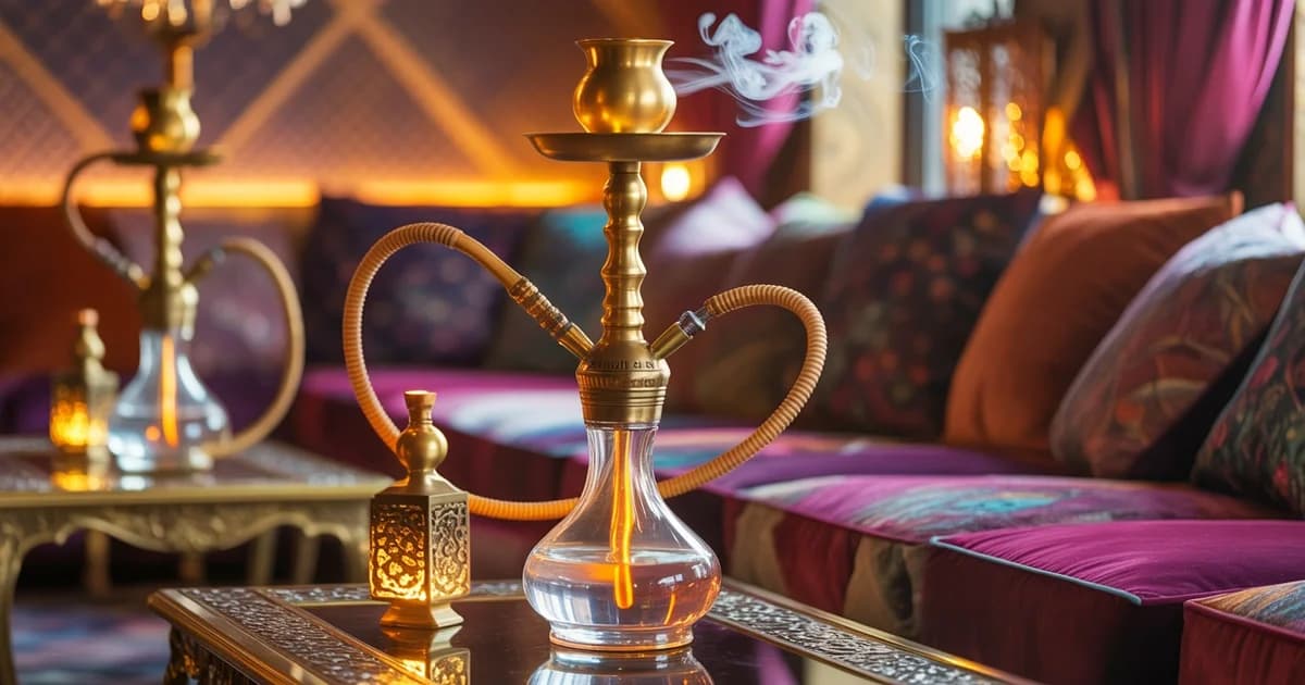 Complete Guide Hookah Etiquette Culture House OF Legends Encino Blog Feature Image Premium hookah setup with glowing coals in upscale Mediterranean lounge with plush seating and warm ambient lighting at House of Legends Encino