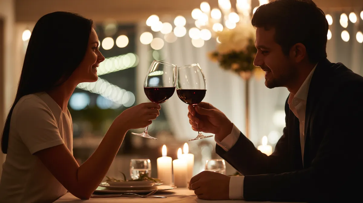 Encino Date Night Blog Feature Image Romantic candlelit restaurant scene with couple silhouettes, wine glasses and soft bokeh lighting for perfect date night in Encino