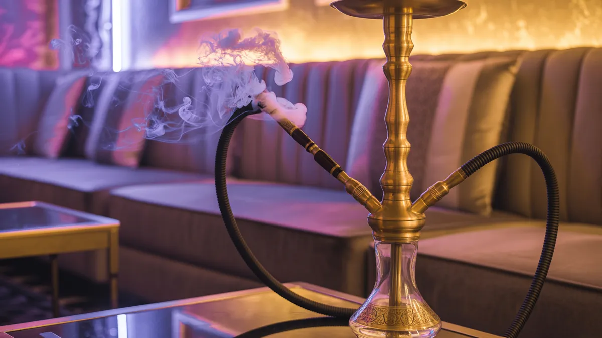 Hookah Etiquette Guide Blog Feature Image Elegant premium brass hookah in upscale lounge setting with velvet seating and ambient mood lighting at House of Legends