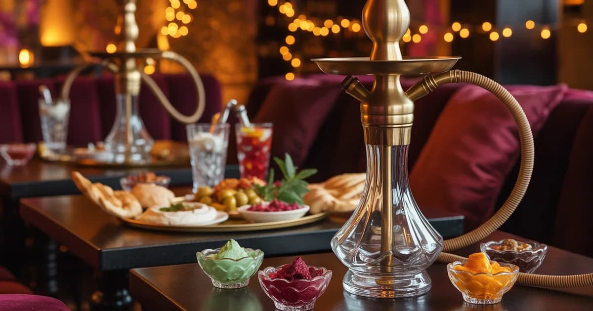 Hookah Flavor Pairing Guide Mediterranean Persian Cuisine House OF Legends Encino Blog Feature Image Elegant hookah lounge setting at House of Legends with premium hookah equipment, colorful shisha flavors, and Mediterranean mezze platters in warm ambient lighting