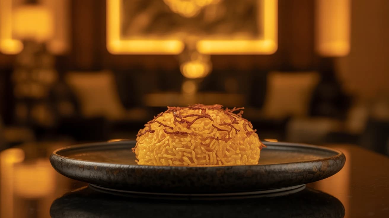 Mastering Tahdig Crispy Persian Rice Blog Feature Image Golden crispy tahdig (Persian rice crust) served on an elegant dark plate with warm amber lighting at House of Legends Restaurant