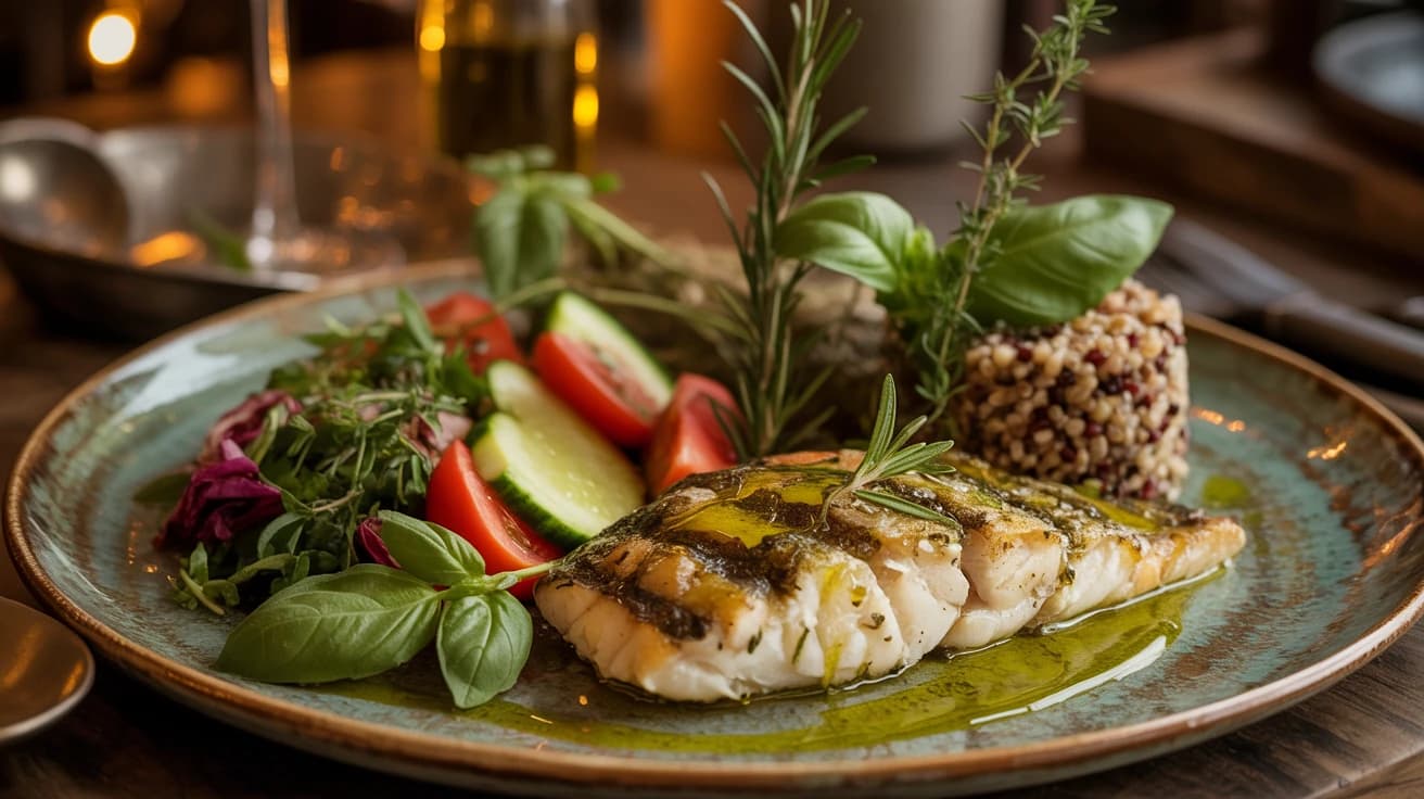 Mediterranean Diet Benefits Healthiest Way Eat House OF Legends Encino Blog Feature Image Beautifully plated Mediterranean meal with grilled fish, fresh vegetables, olive oil, herbs, and colorful salads at House of Legends Restaurant Encino - showcasing the health benefits of Mediterranean diet