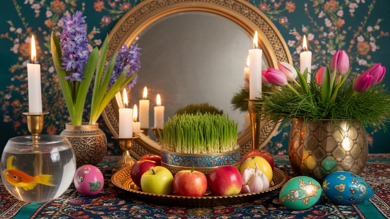 Nowruz 2026 Persian New Year Celebration Encino Blog Feature Image Beautiful Haft-Sin table setup for Nowruz with traditional items and spring flowers at House of Legends