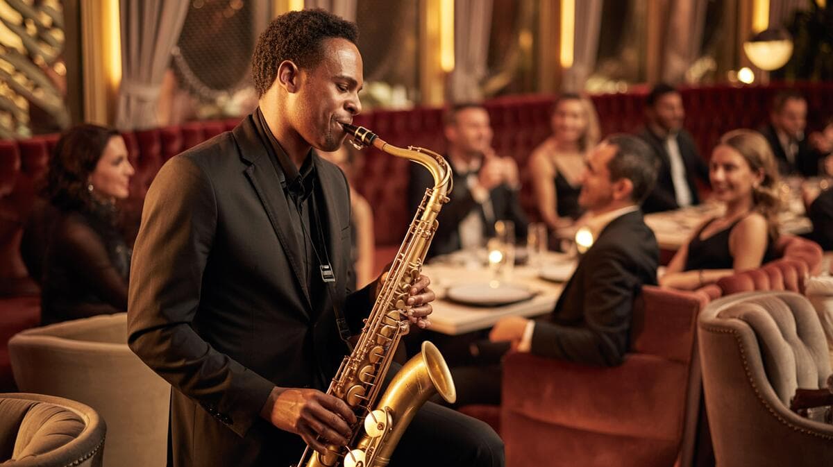 Performer Journey 16x9 Blog Feature Image Professional jazz saxophonist performing live on stage at House of Legends Restaurant with warm golden lighting and engaged audience