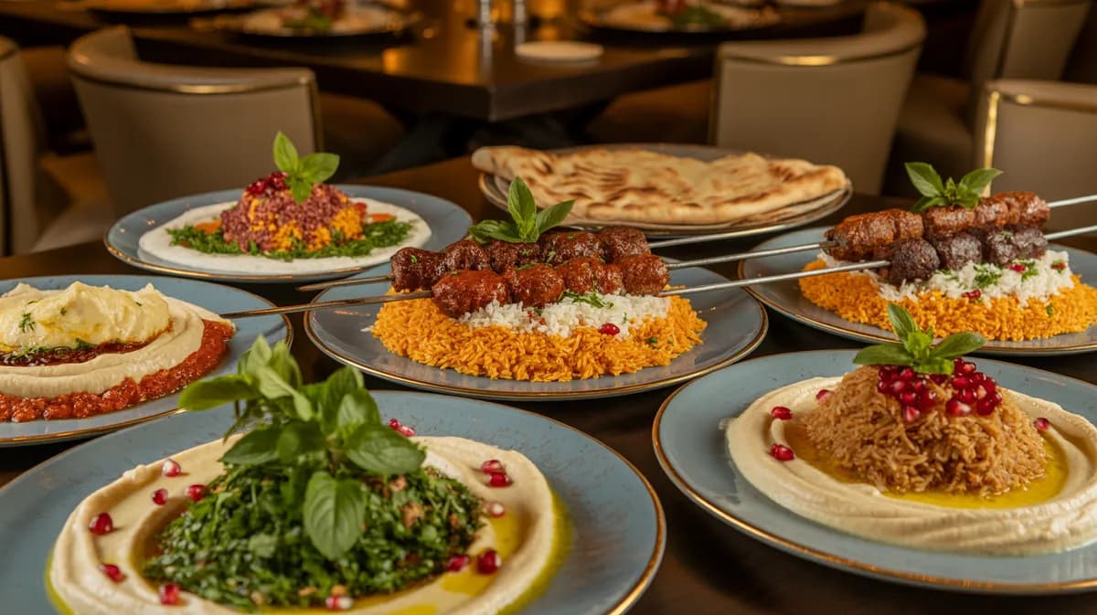 Persian Cuisine Guide Blog Feature Image Beautiful overhead spread of Persian dishes including koobideh kebabs, saffron rice, tahdig, hummus and fresh herbs at House of Legends Restaurant Encino