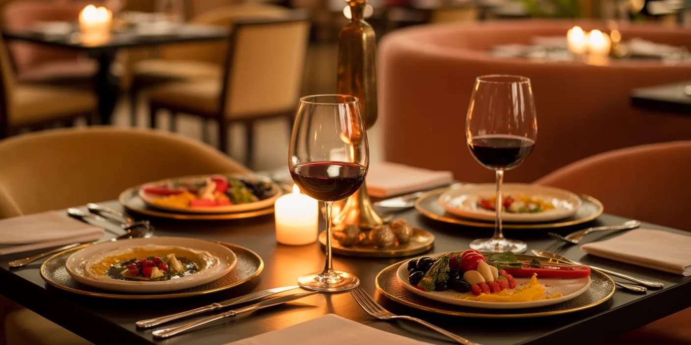 Planning Perfect Date Night Encino Complete Guide Romance San Fernando Valley Blog Feature Image Romantic table for two at House of Legends Restaurant with mezze plates, wine glasses, and candlelight creating an intimate Mediterranean dining atmosphere in Encino