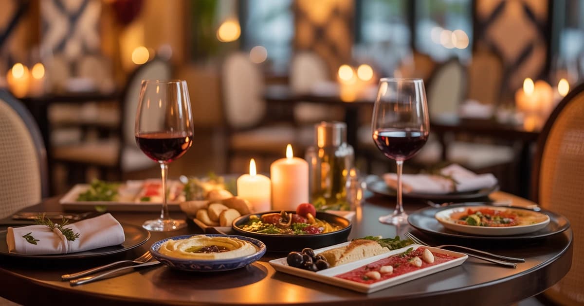 Romantic Dinner Ideas Couples Encino Mediterranean Restaurants Blog Feature Image Romantic candlelit table for two with Mediterranean mezze platters, wine glasses, and warm ambient lighting at an elegant Encino restaurant