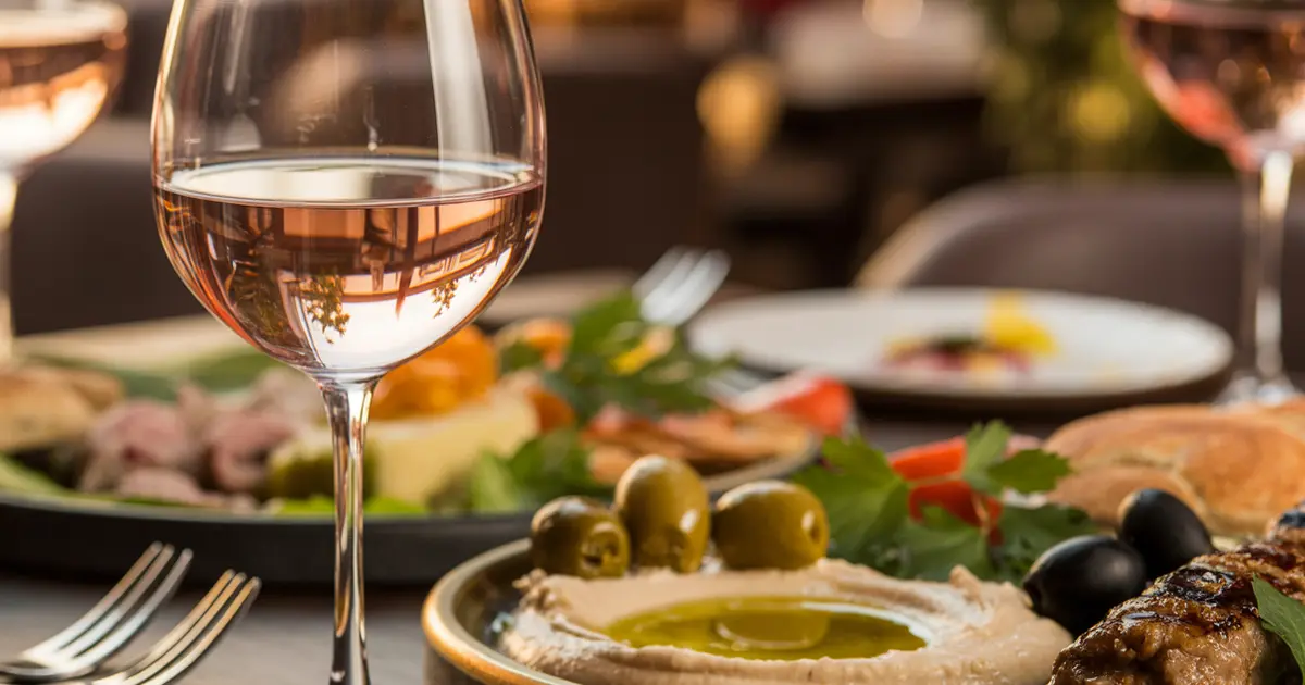 Sommelier Secrets Wine Pairing Mastery Mediterranean Persian Cuisine House OF Legends Encino Blog Feature Image Elegant wine glass with rosé wine and Mediterranean mezze platter featuring hummus, olives, and grilled meats at House of Legends Restaurant Encino