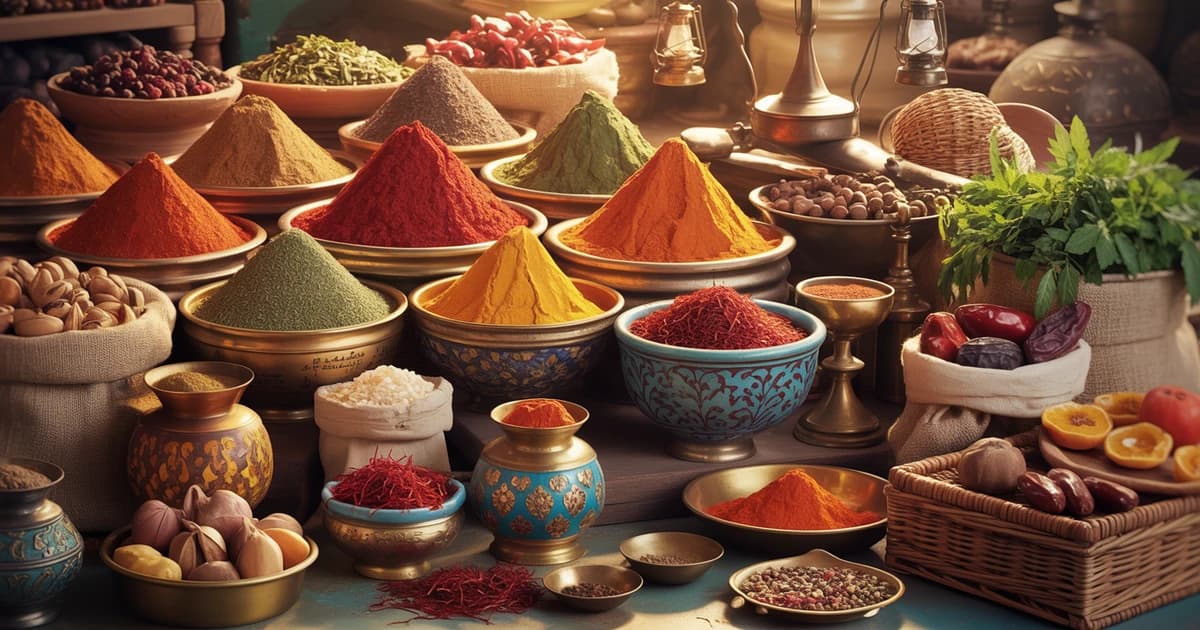 The Spice Routes And Silk Roads How Mediterranean And Persian Cuisines Shaped Modern Dining IN Encino Blog Feature Image Ancient spice market with colorful Mediterranean and Persian spices, herbs, and traditional ingredients representing culinary history