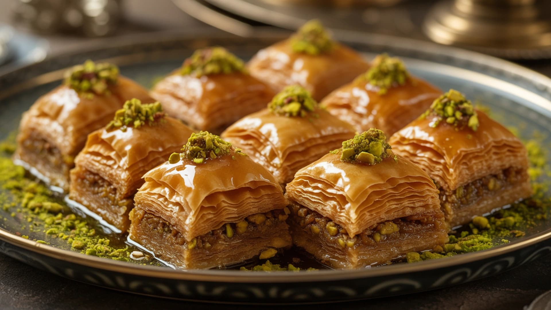 Traditional Baklava Recipe Blog Feature Image Golden flaky layered baklava pastry cut into diamonds, glistening with honey syrup and crushed pistachios at House of Legends Restaurant
