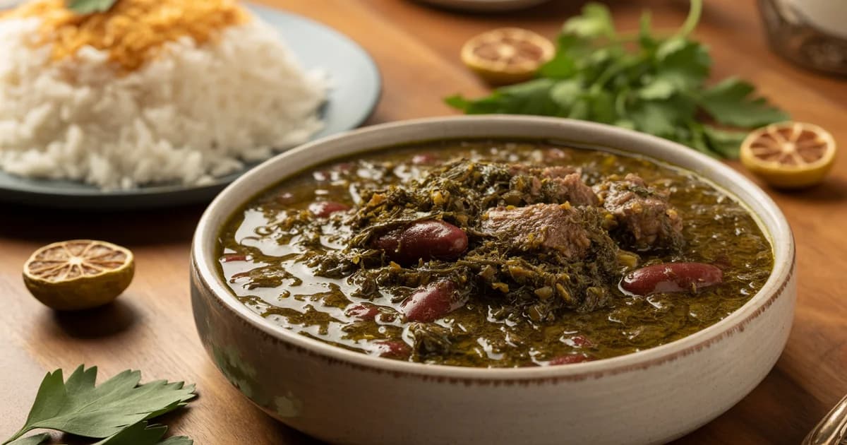 Ultimate Guide Ghormeh Sabzi Persian National Dish House OF Legends Encino Blog Feature Image Rich dark green ghormeh sabzi Persian herb stew in rustic ceramic bowl with tender meat and kidney beans, served with golden tahdig rice at House of Legends Restaurant Encino