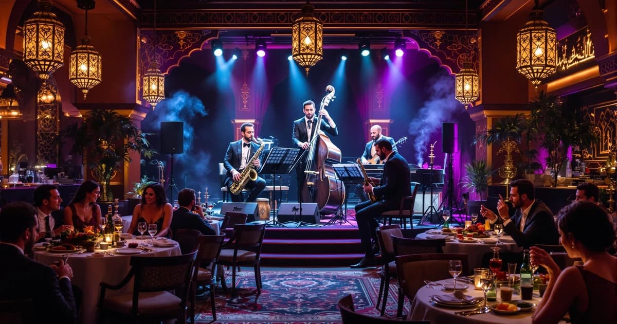 Ultimate Guide Live Music Carnys Mediterranean Dining San Fernando Valley Blog Feature Image Live music performance at House of Legends Mediterranean restaurant in Encino with musicians on stage and guests enjoying dinner