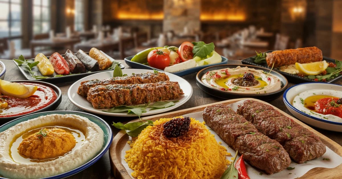 Ultimate Guide Mediterranean Persian Dining Encino House OF Legends Blog Feature Image Elegant Mediterranean and Persian dining spread with kebabs, mezze platters, and saffron rice at House of Legends Restaurant in Encino