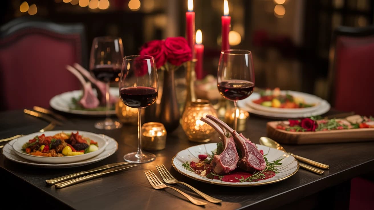 Valentines Day 2026 Romantic Dinner Encino Blog Feature Image Romantic Valentine's Day dinner setting at House of Legends with candlelight, roses, and Mediterranean cuisine