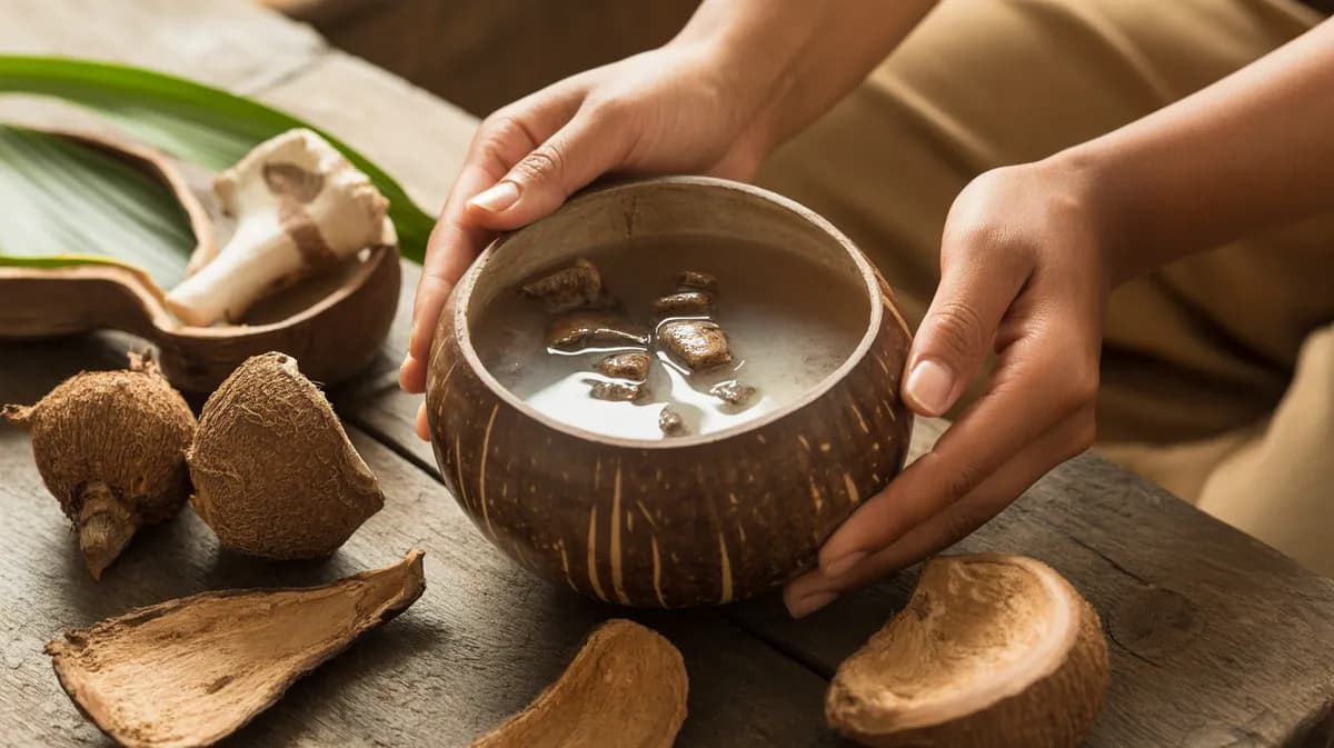 What IS Kava Blog Feature Image Traditional kava served in coconut shell bowl surrounded by kava root and botanical elements with warm natural lighting