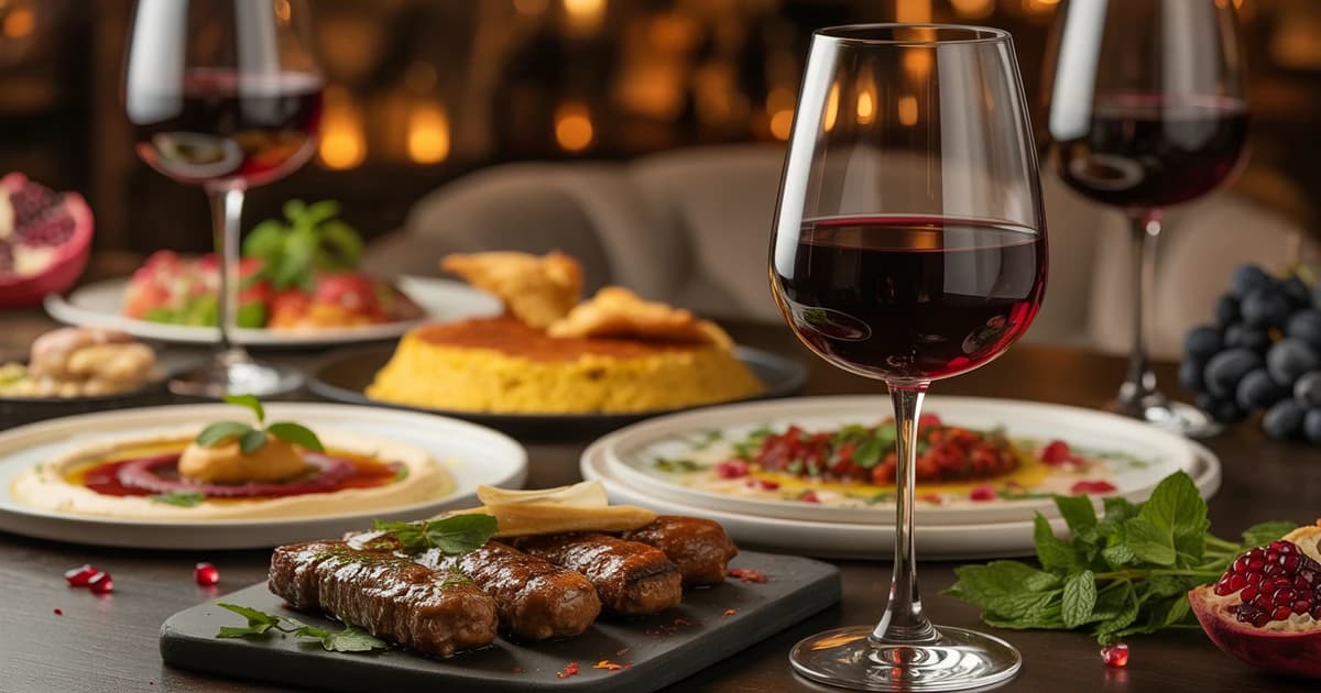 Wine Pairing Guide Mediterranean Persian Cuisine Encino Blog Feature Image Elegant wine glass with red wine next to beautifully plated Mediterranean kebabs, mezze, and Persian rice at House of Legends Restaurant in Encino
