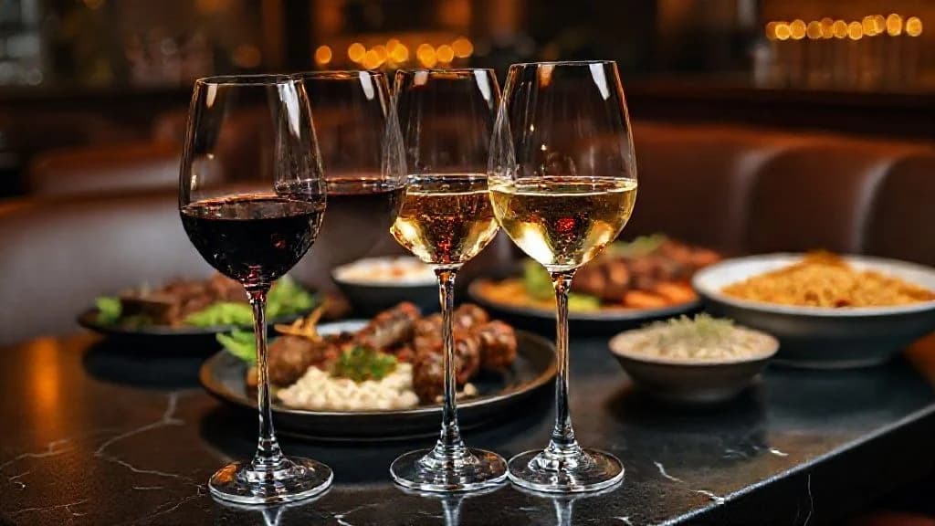 Wine Pairing Mediterranean Food Guide Blog Feature Image Elegant wine glasses with red and white wine paired with Mediterranean lamb kebabs, hummus, and Persian rice at House of Legends Restaurant Encino