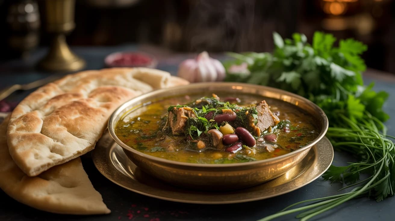 Winter Wellness Warm Mediterranean Comfort Food Blog Feature Image Steaming bowl of Persian herb stew ghormeh sabzi with fresh bread and winter vegetables