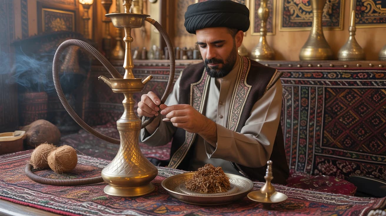 Hookah Tradition at House of Legends Traditional Persian hookah preparation with ornate brass pipe and natural coconut coals - 500 year cultural tradition