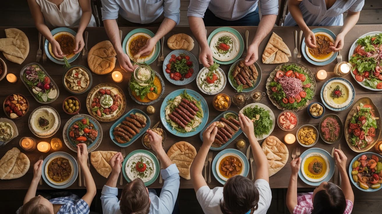 Mediterranean Feast at House of Legends Abundant Mediterranean family feast with mezze dishes, grilled meats, fresh pita - tradition of communal dining