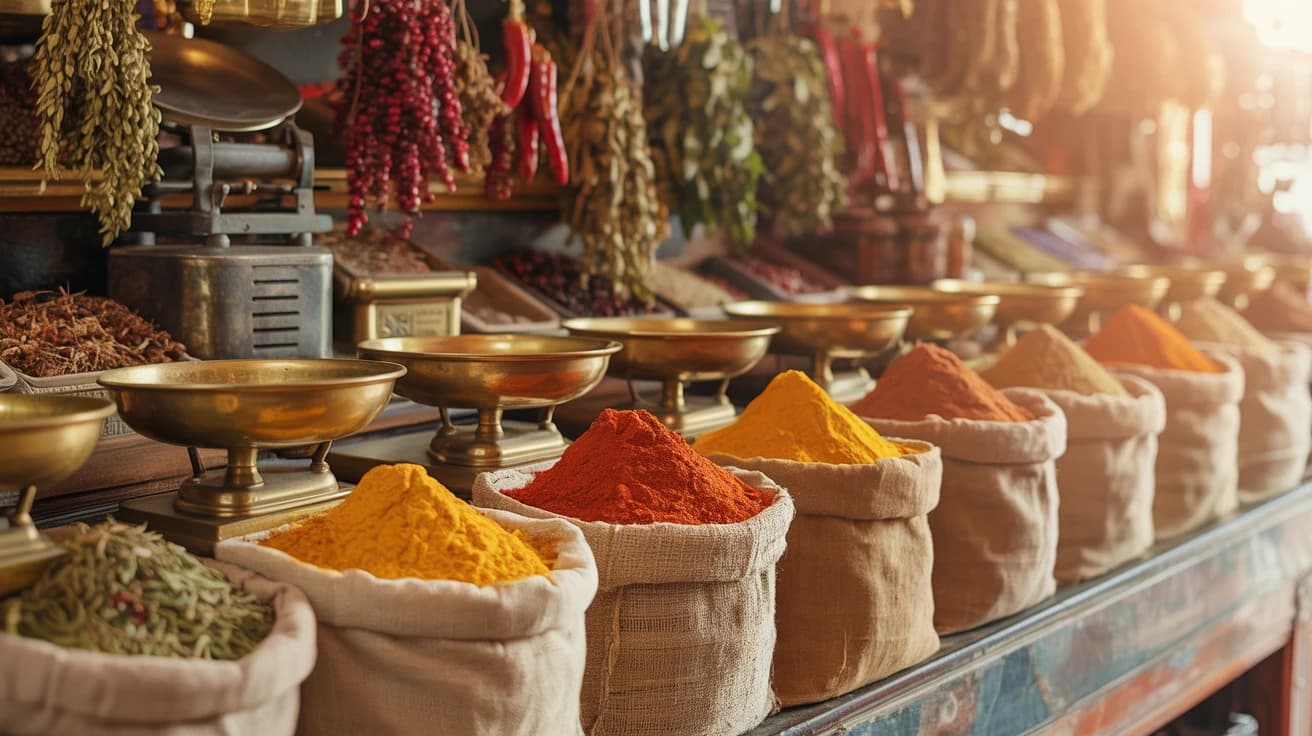 Spice Market at House of Legends Traditional Middle Eastern spice market with colorful saffron, turmeric, paprika, and cumin in brass bowls and burlap sacks