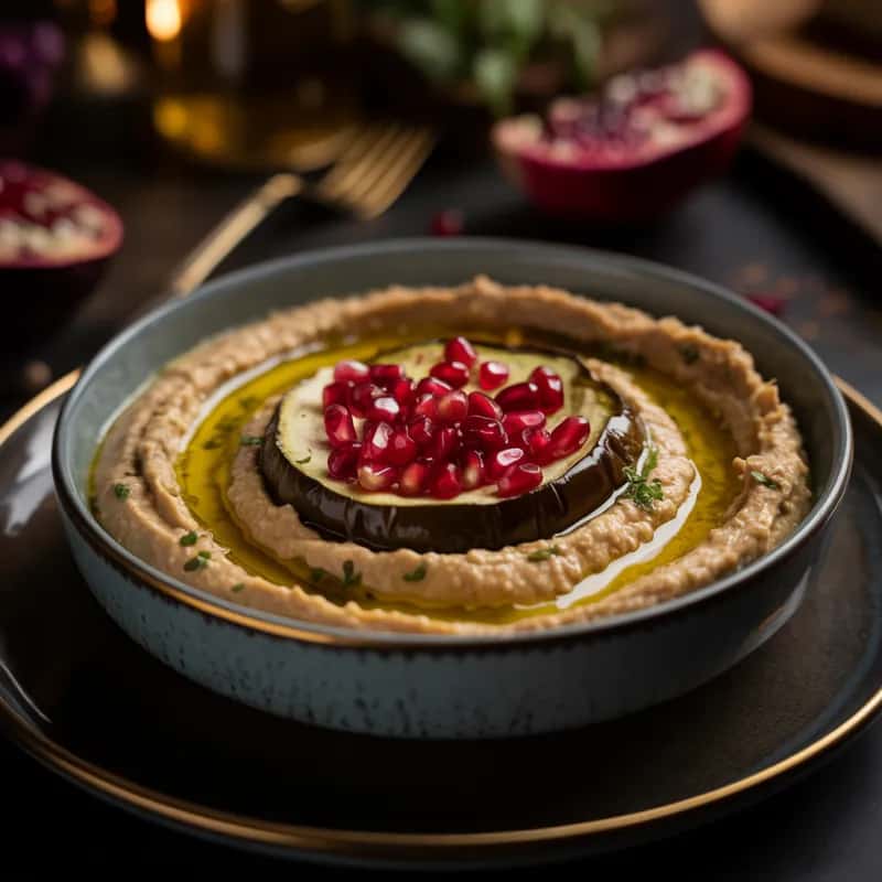 Baba Ganoush Menu Image Baba Ganoush - Fire-roasted eggplant, tahini, pomegranate seeds