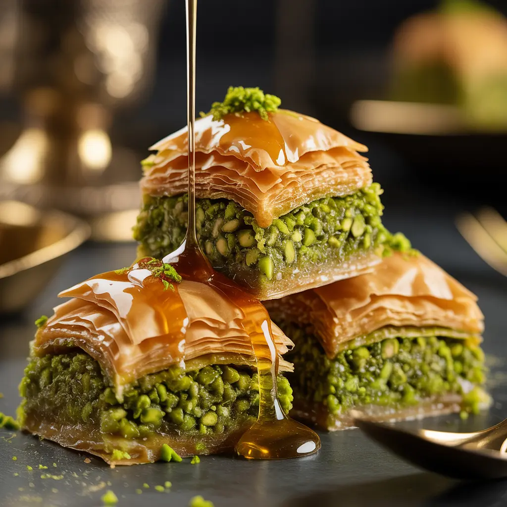 Baklava Menu Image Baklava served at House of Legends Mediterranean restaurant in Encino, featuring Persian and Middle Eastern flavors