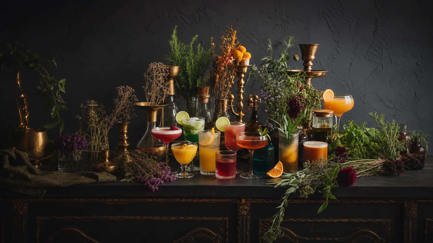 Botanical Bar Hero Wide Menu Image House of Legends Botanical Bar with colorful mood-enhancing drinks and ambient lighting