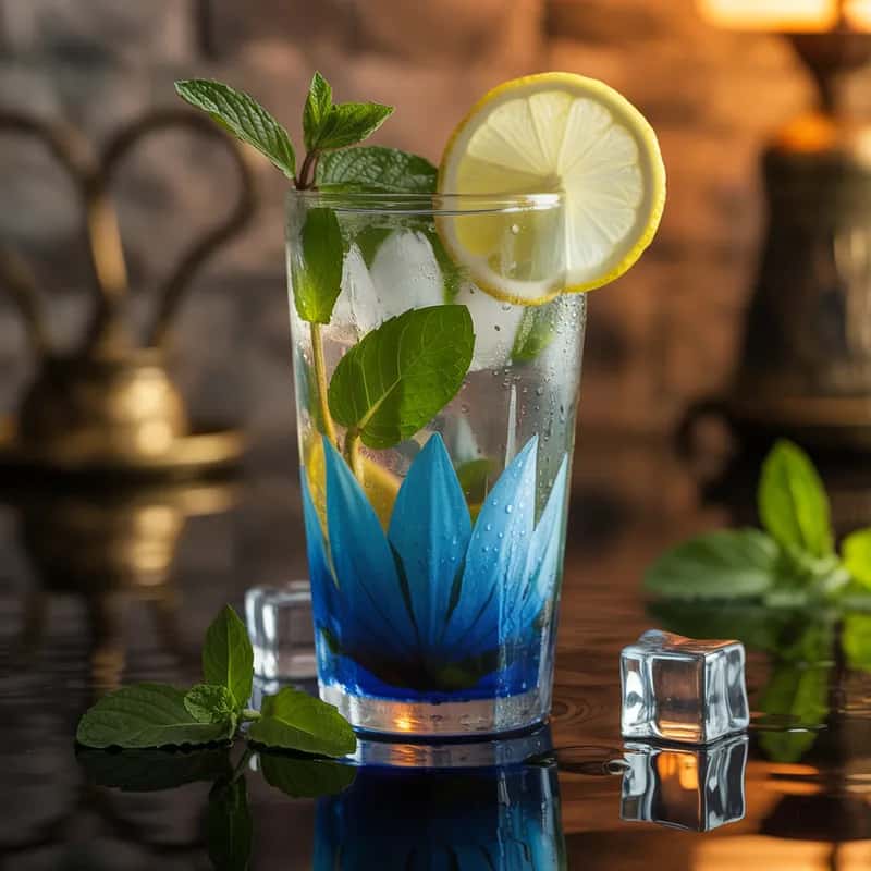 Botanical Blue Lotus Iced Menu Image Blue Lotus Iced Tea - Cold-brewed blue lotus with lemon and mint.