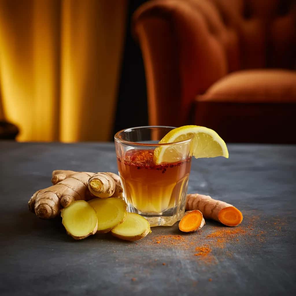 Botanical Ginger Fire Menu Image Ginger Fire Tonic - Fresh ginger, turmeric, cayenne, lemon, honey.