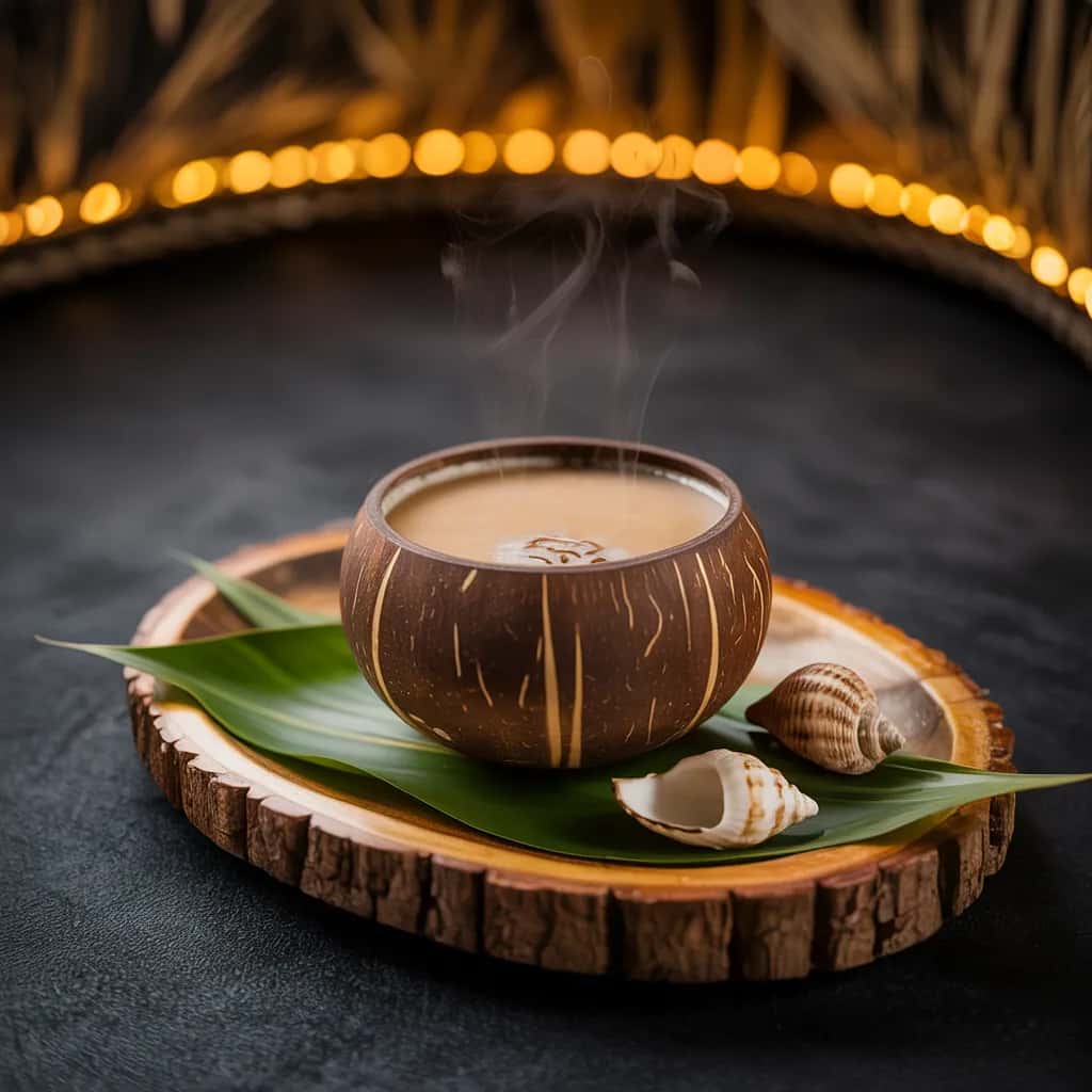 Botanical Kava Shell Menu Image Kava Shell Traditional - Authentic Vanuatu noble kava, served in coconut shell.