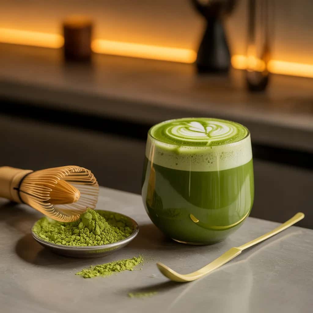 Botanical Matcha Menu Image Matcha Energy - Ceremonial grade Uji matcha, oat milk foam.