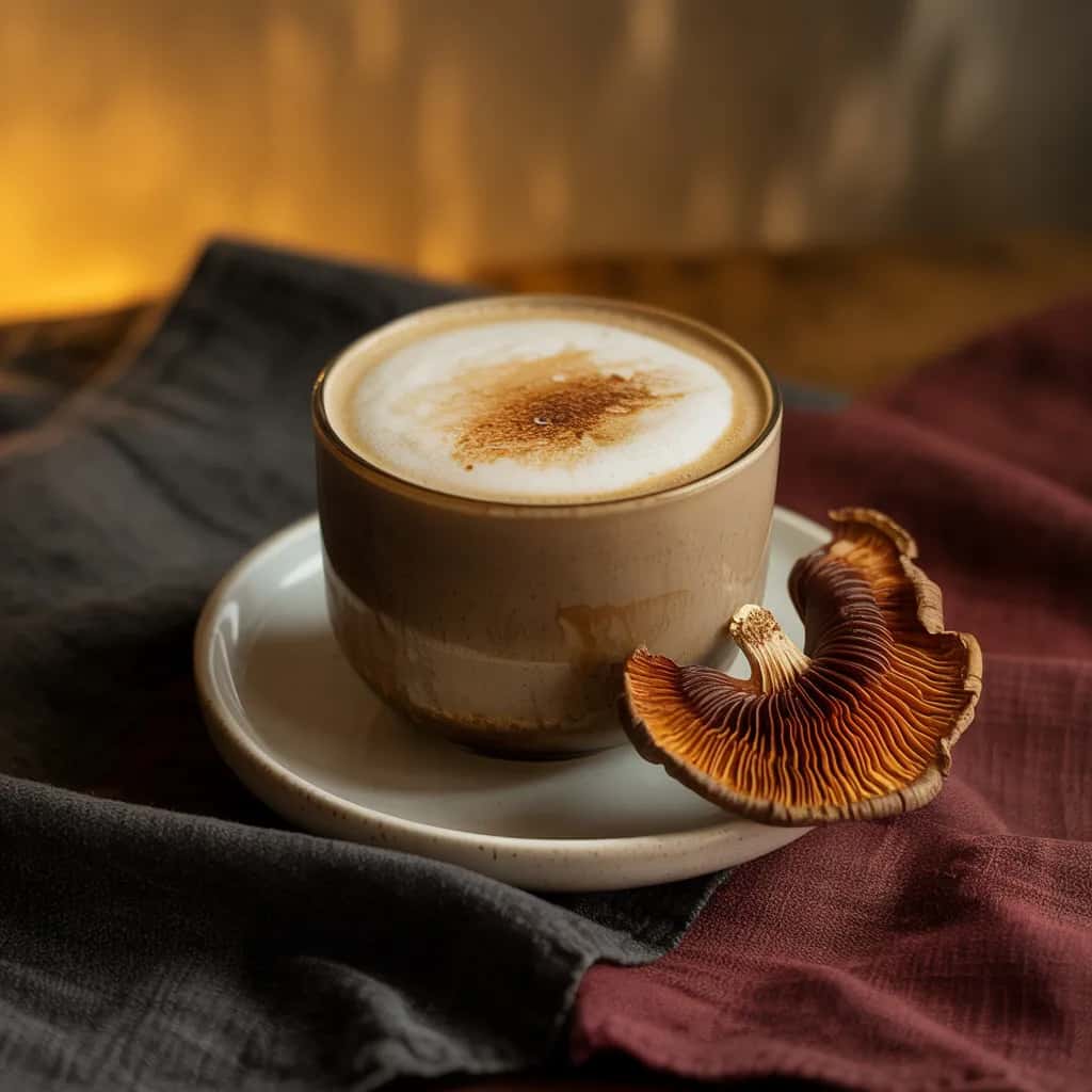 Botanical Reishi Latte Menu Image Reishi Calm Latte - Reishi mushroom, oat milk, cacao.