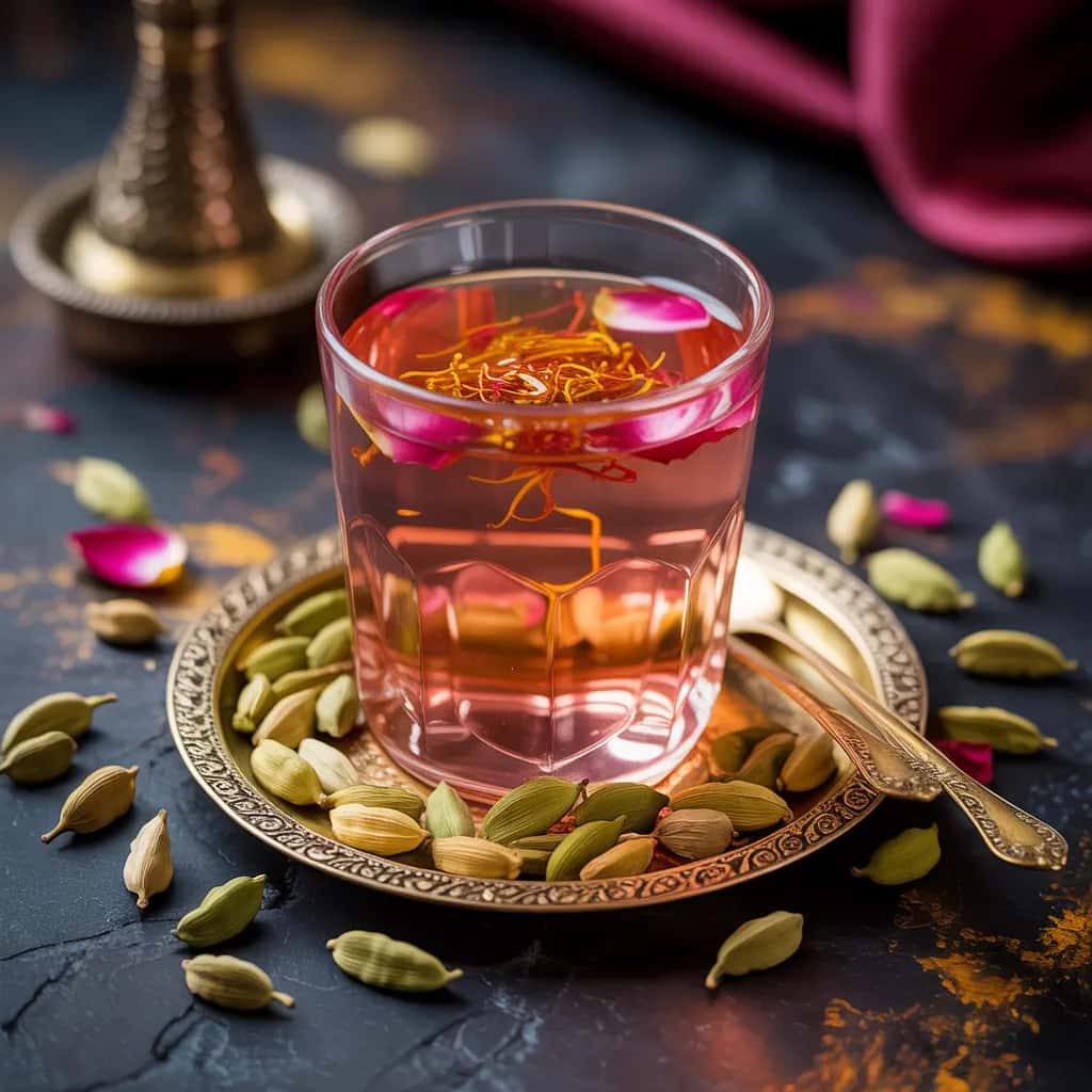 Botanical Rose Cardamom Menu Image Rose Cardamom Bliss - Persian rose petals, green cardamom, saffron threads.