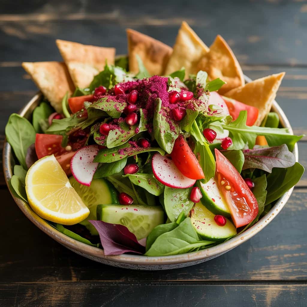 Fattoush Salad Menu Image Fattoush - Crisp greens, sumac, pomegranate, pita chips