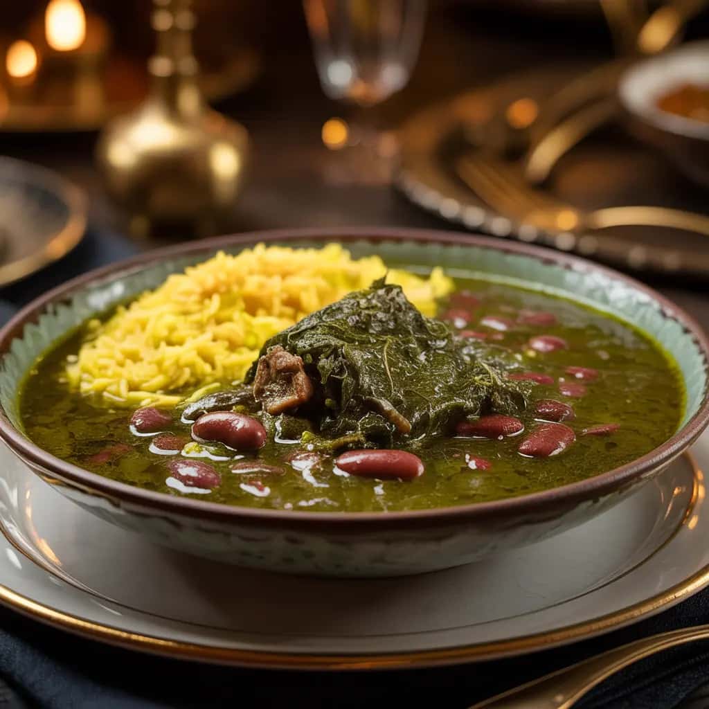 Ghormeh Sabzi Menu Image Ghormeh Sabzi - Herb stew, kidney beans, dried lime, lamb
