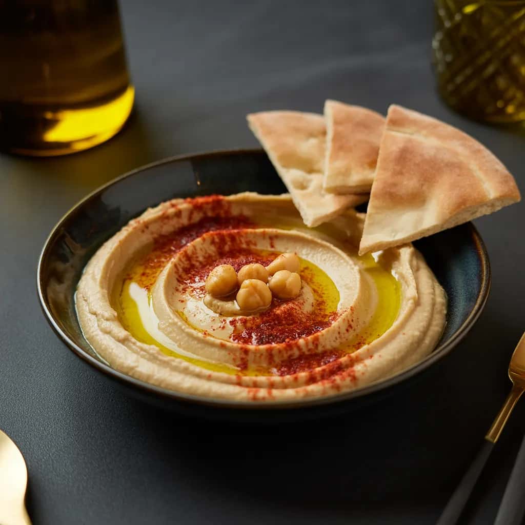 Hummus Menu Image Classic Hummus - Creamy chickpea purée, tahini, olive oil, warm pita