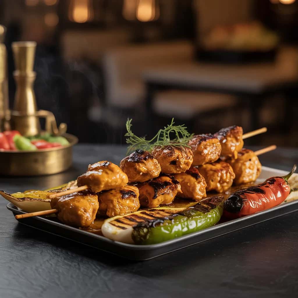 Joojeh Kebab Menu Image Joojeh Kebab - Saffron-marinated chicken, charred vegetables