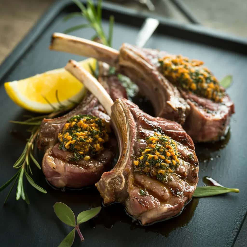 Lamb Chops Cooked Menu Image Lamb Chops - Herb-crusted, grilled to order