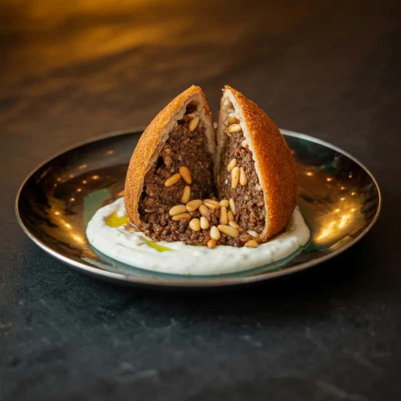 Lamb Kibbeh Menu Image Lamb Kibbeh - Fried bulgur shells, spiced lamb, pine nuts