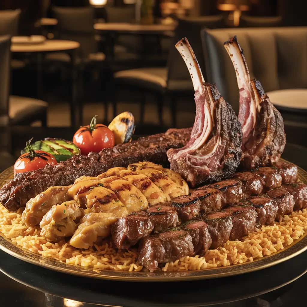 Mixed Grill Platter Menu Image Mediterranean feast at House of Legends - charcoal-grilled kebabs and mezze platter