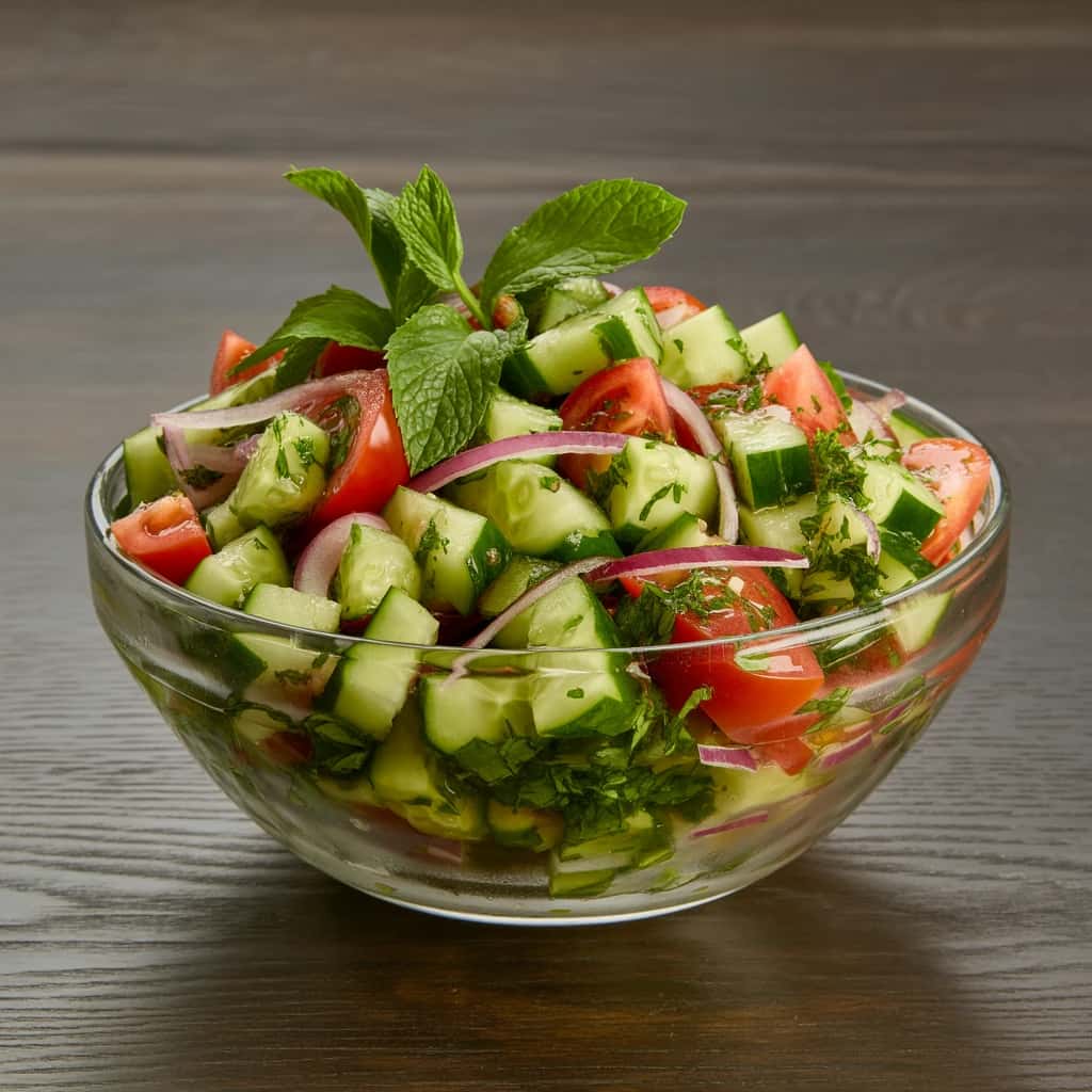 Shirazi Salad Menu Image Shirazi Salad - Cucumber, tomato, onion, lime, mint