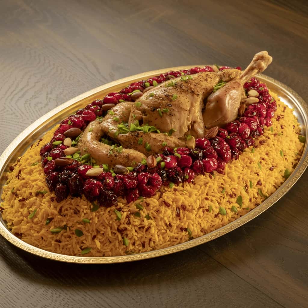 Zereshk Polo BA Morgh Menu Image Zereshk Polo ba Morgh - Barberry rice, saffron chicken