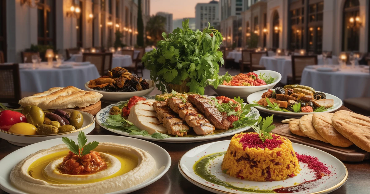 Encino Hidden Culinary Gems Food Lovers Guide San Fernando Valley Blog Feature Image Elegant Mediterranean and Persian mezze spread with hummus, grilled kebabs, jeweled rice, and fresh herbs in upscale Encino restaurant setting
