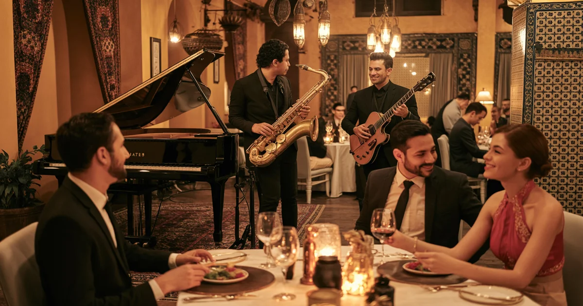 Live Music Nights House OF Legends Encino Complete Guide San Fernando Valley Entertainment Blog Feature Image Live jazz trio performing at House of Legends Restaurant in Encino with elegant Mediterranean decor, warm golden lighting, and diners enjoying an intimate evening