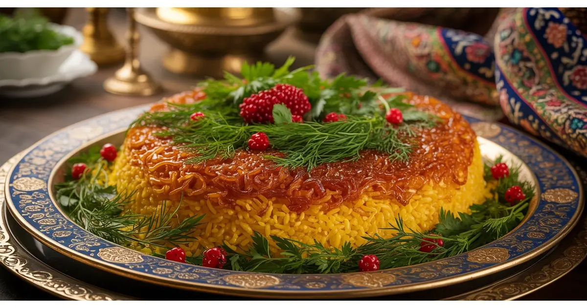Mastering Persian Tahdig Crispy Rice House OF Legends Encino Blog Feature Image Golden crispy Persian tahdig (crispy rice) on decorative platter with saffron rice, barberries, and herbs at House of Legends Restaurant Encino